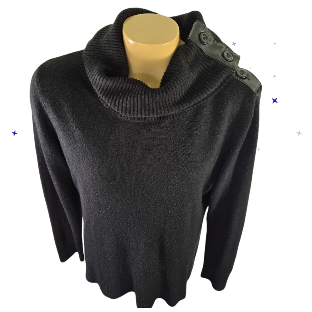 VINTAGE SUZIE Cowl Neck Faux Leather Button Collar Sweater Soft Black X Large